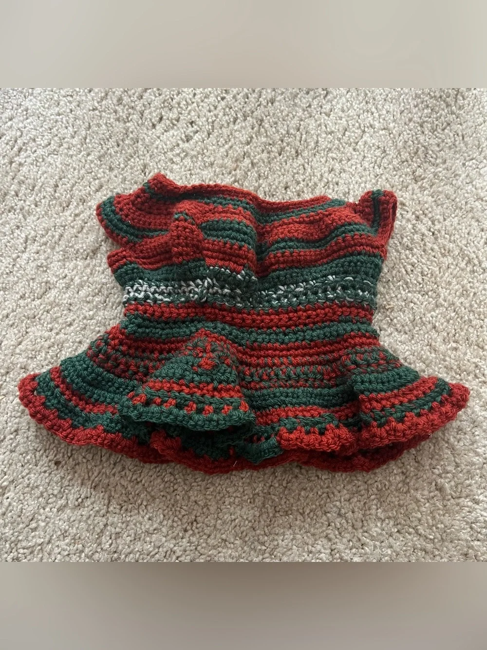 Hand-Crocheted Red & Green Doll Dress – Handmade Doll Outfit Size 10”